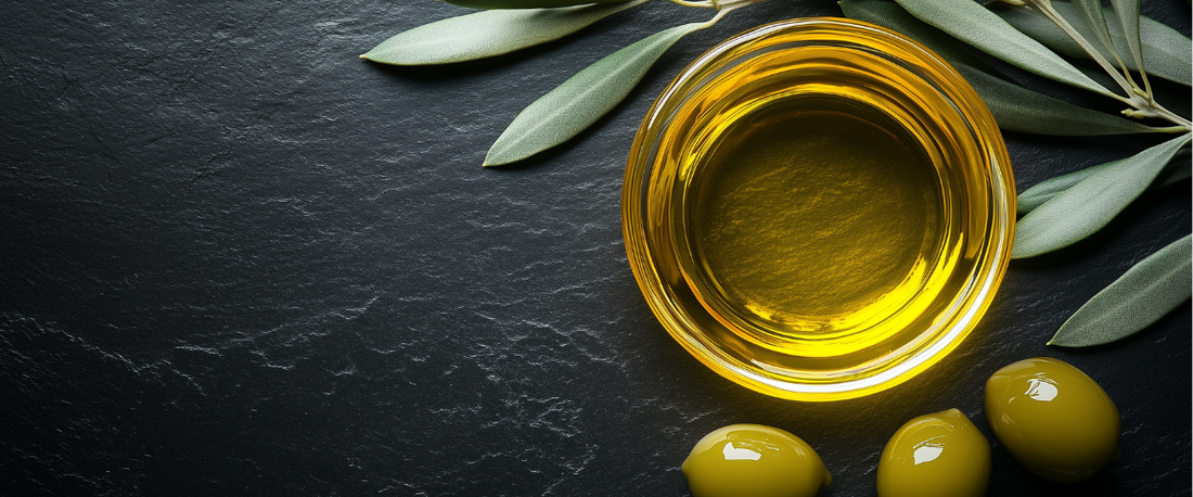 Squalan in einer Schüssel aus Olivenöl mit Oliven und Olivenblättern auf schwarzem Hintergrund.
