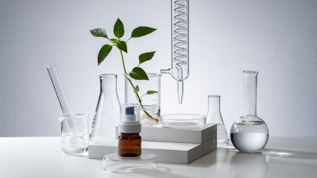 Synthetische Wirkstoffe in Laborutensilien mit Pflanzen für Forschung und Entwicklung.