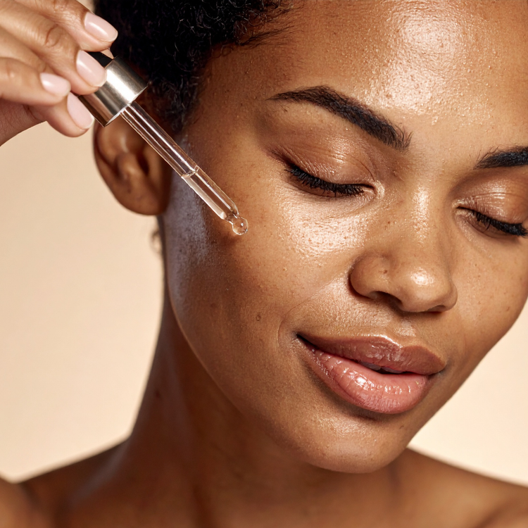 Frau trägt Wirkstoff-Booster mit Pipette auf ihre Haut auf für eine strahlende Hautpflege.