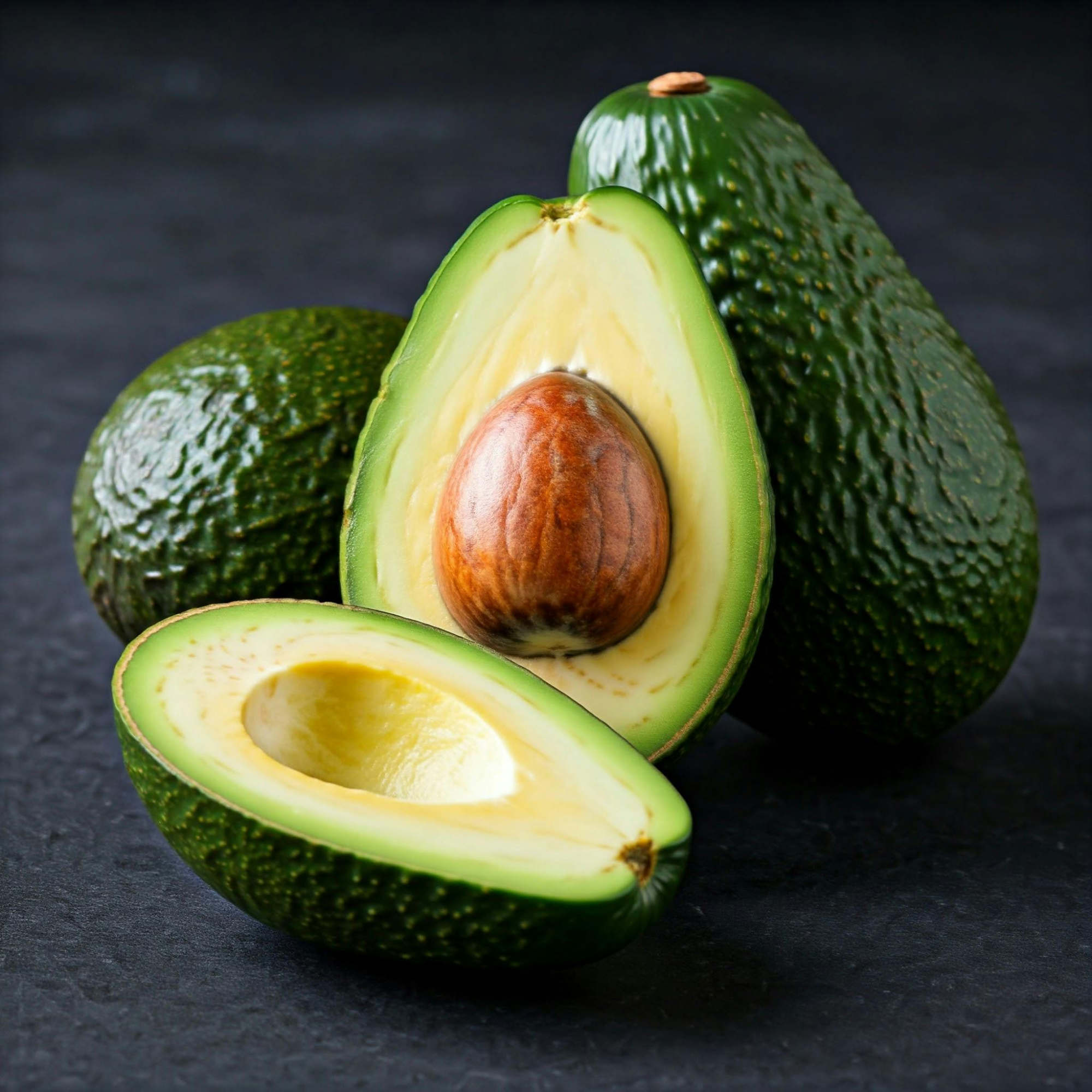 Reife Avocados, ganz und halbiert, auf dunklem Hintergrund, frisch und gesund.