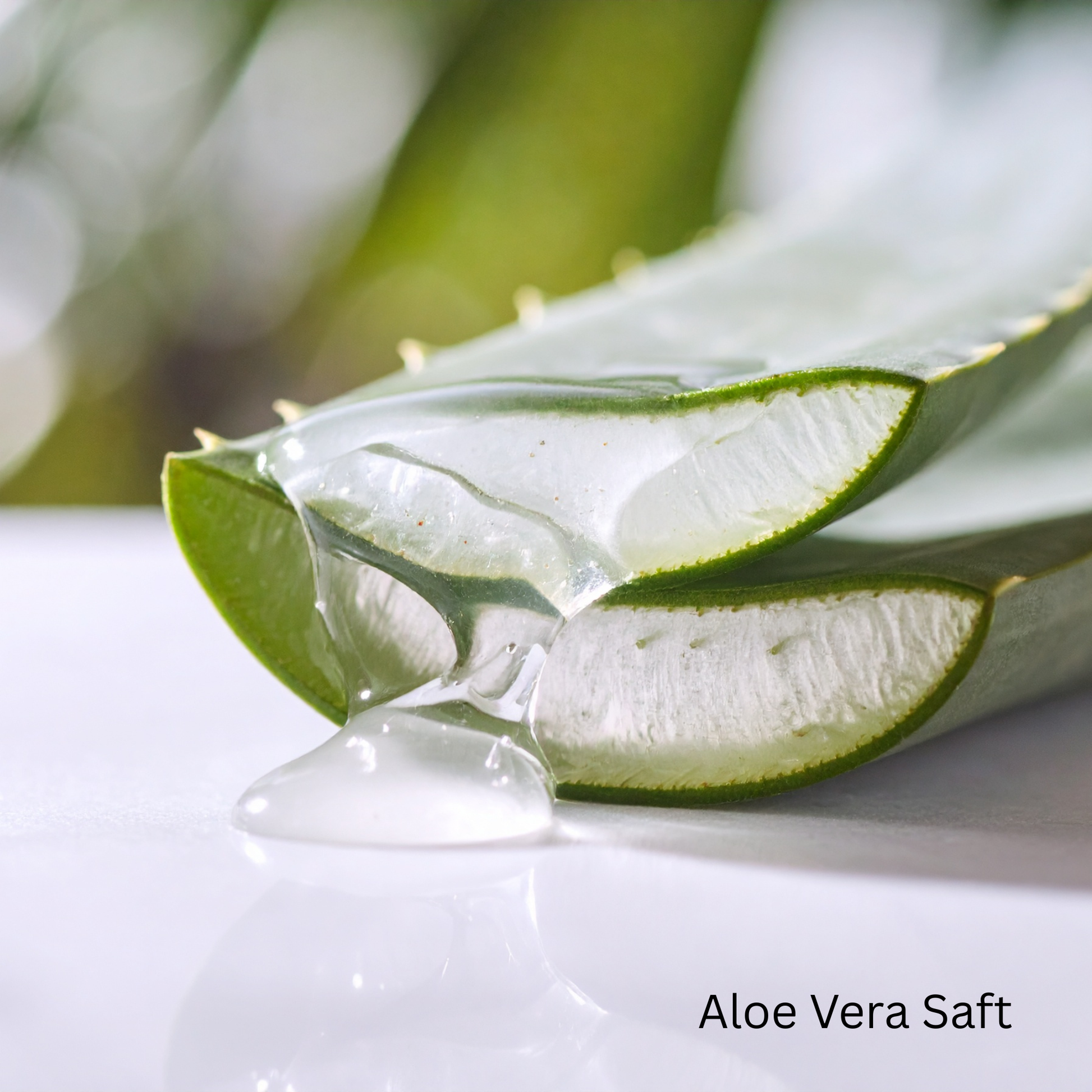 Frische Aloe Vera Blätter mit klarem Saft, ideal für feuchtigkeitsspendende Hautpflege und Feuchtigkeitsserum.