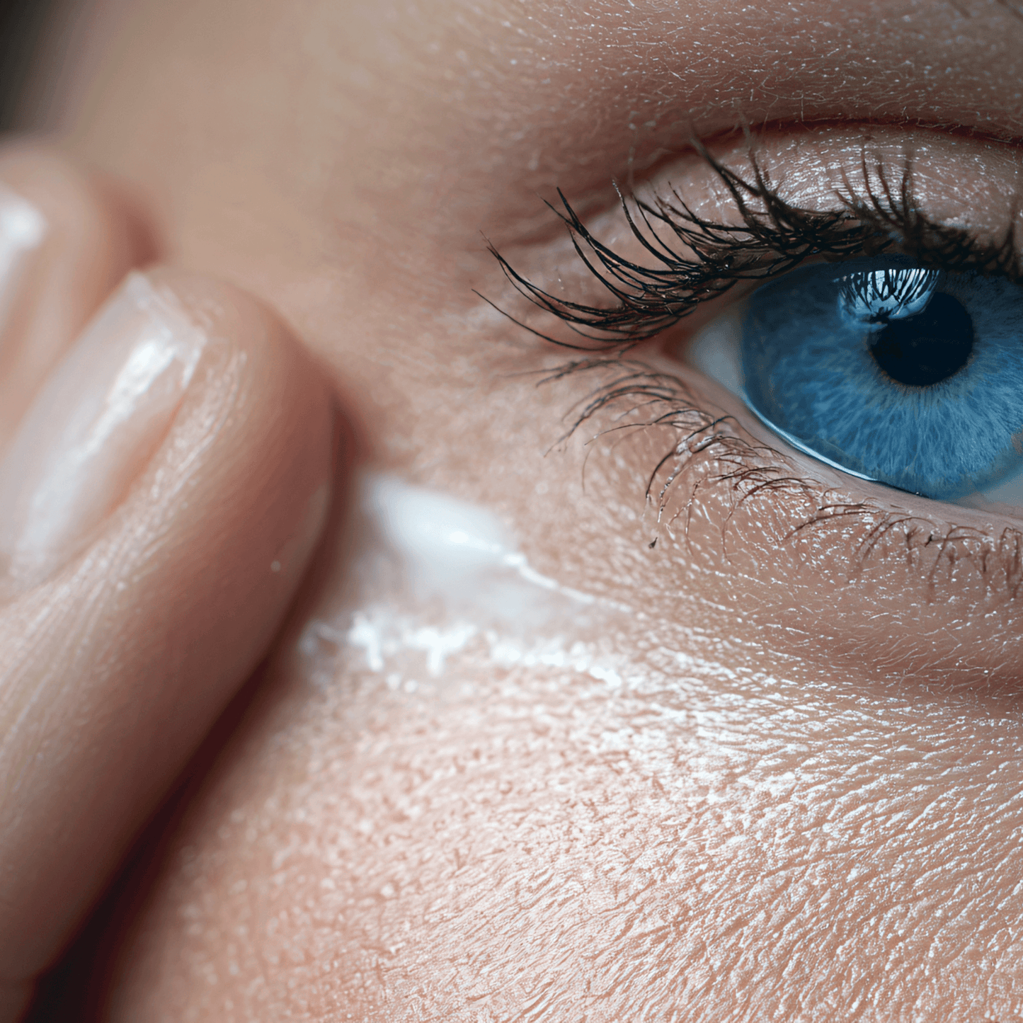 Augencreme wird auf die empfindliche Haut unter dem Auge aufgetragen, um Trockenheitsfältchen zu bekämpfen.