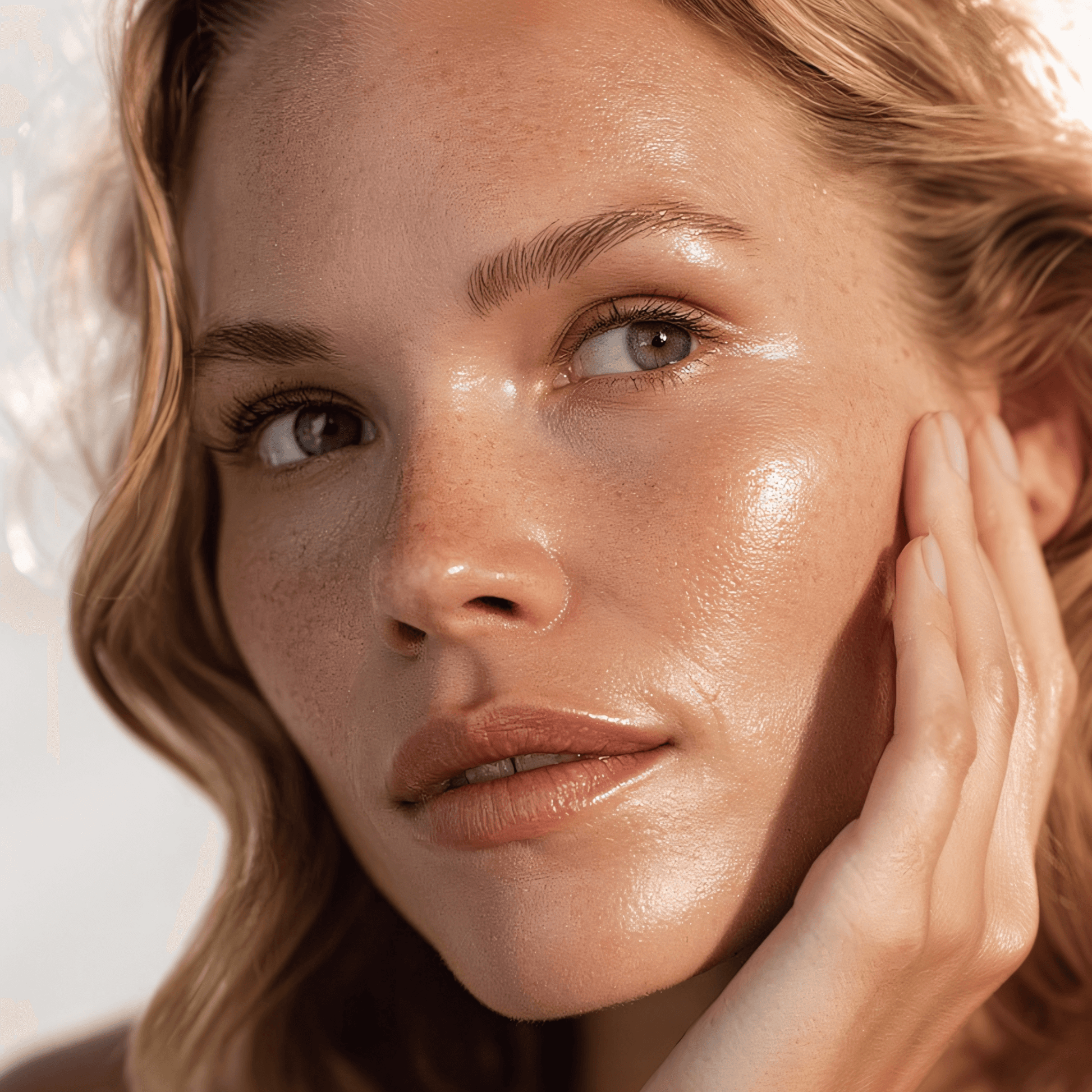 Frau mit strahlender Haut, die Glow Serum für müde und fahle Haut verwendet - Illuminating Cell Booster