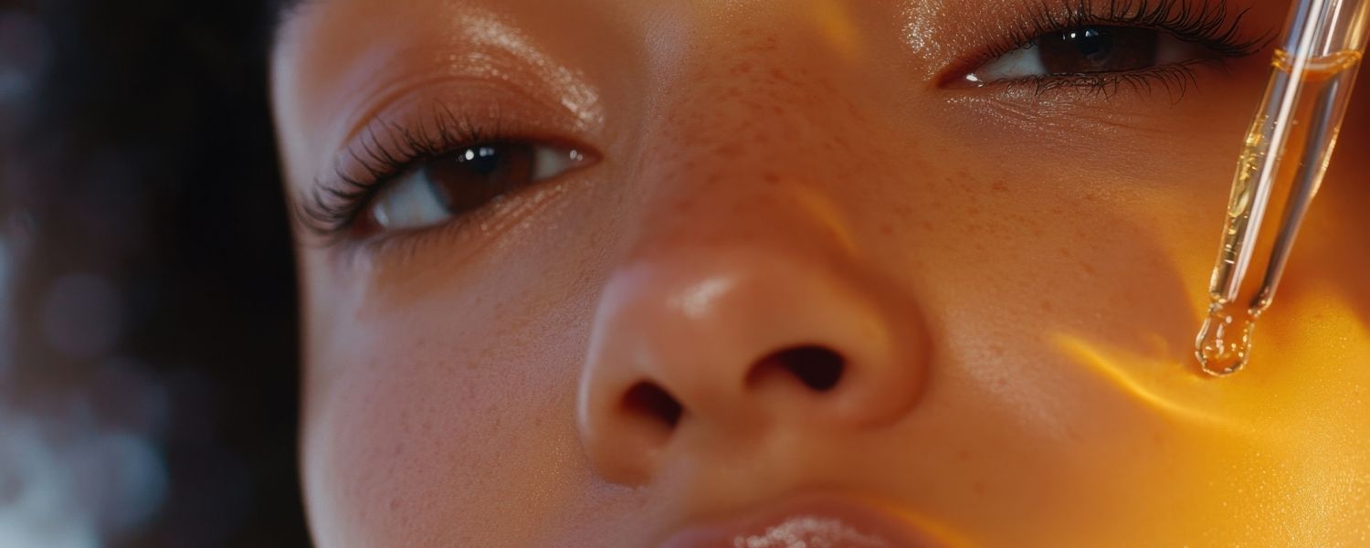 Eine junge afrikanisch aussehende Frau die ein Serum auf Ihre Gesichtshaut aufträgt.