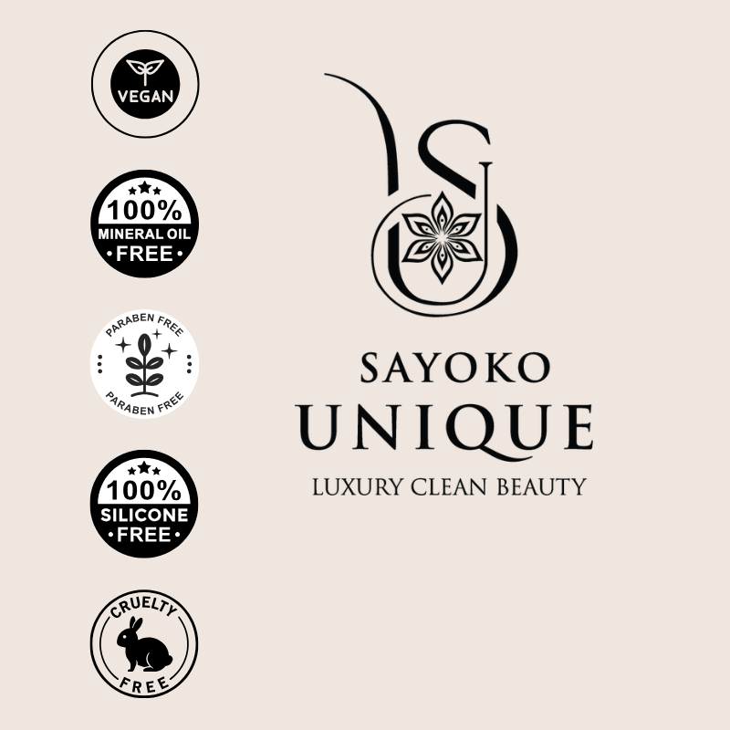 Logo von SAYOKO UNIQUE und 5 Icons für saubere Kosmetik