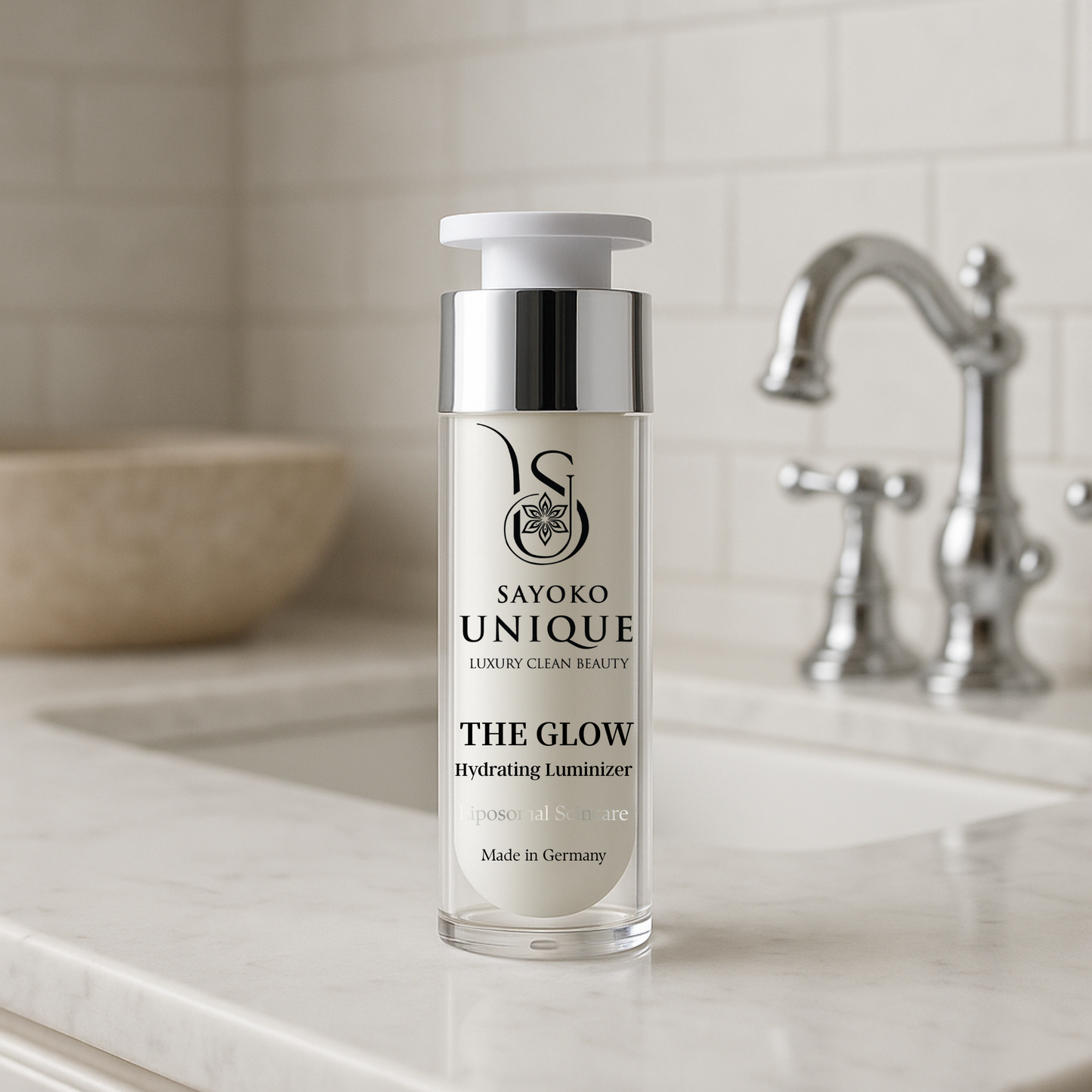 Airless Pumpflasche der Creme Hydrating Luminizer steht im Badezimmer neben dem Waschbecken